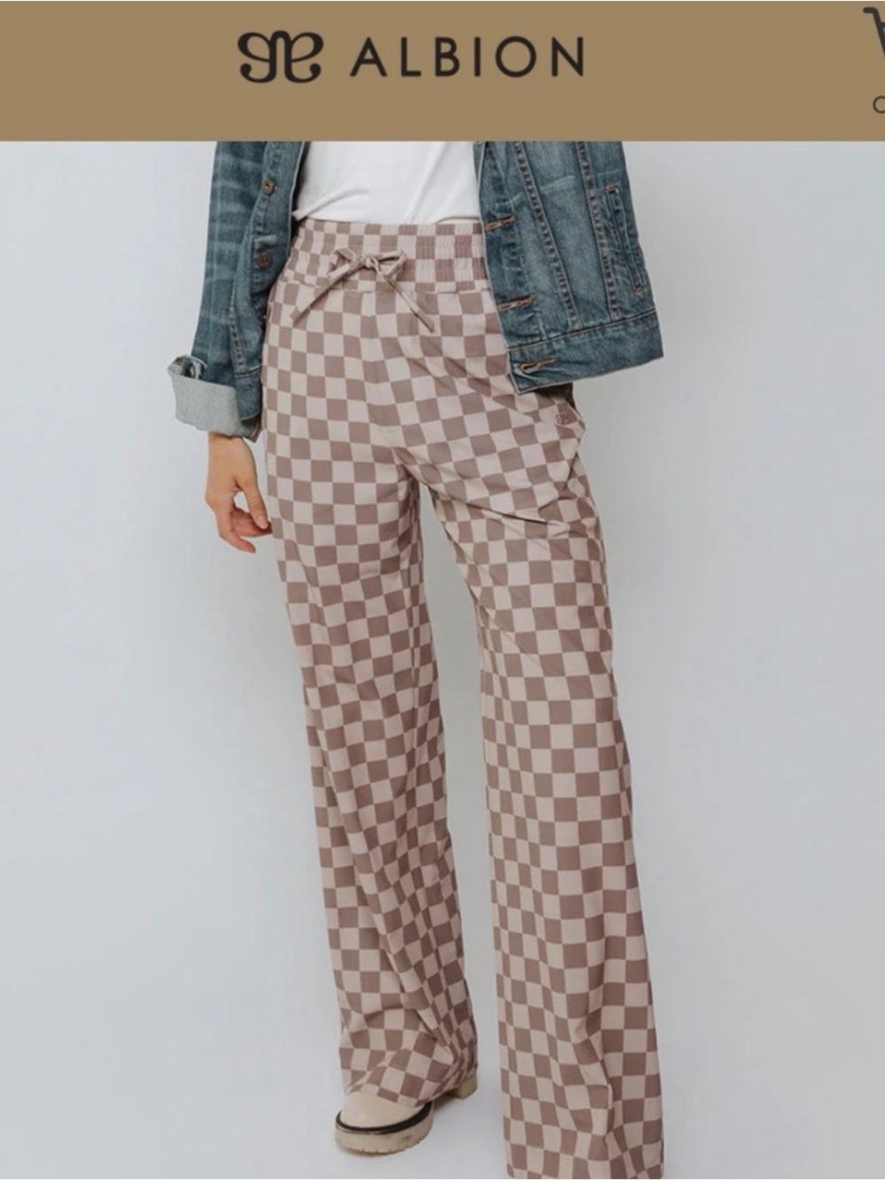Albion Taupe and Cream Checkerboard Wide-Leg Pants